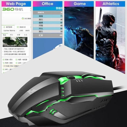 ZGB K3 Ergonomic Wired Gaming Mouse with RGB Lights showing black ergonomic design with green lighting and gaming/office usage background