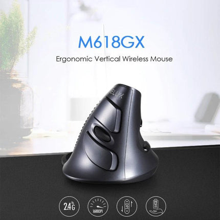 Alt Tag: DELUX M618GX Wireless Ergonomic Vertical Mouse for Comfortable Navigation - black ergonomic vertical wireless mouse on desk