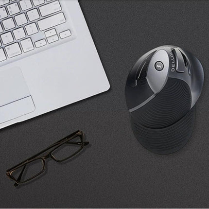 DELUX M618GX Wireless Ergonomic Vertical Mouse for Comfortable Navigation shown next to laptop and glasses, ergonomic rubber grip for reduced wrist strain