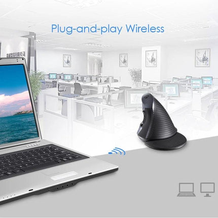 DELUX M618GX Wireless Ergonomic Vertical Mouse for Comfortable Navigation showing plug-and-play wireless use next to laptop in office setting