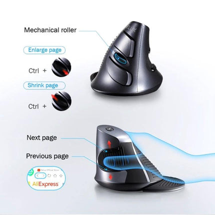 DELUX M618GX Wireless Ergonomic Vertical Mouse for Comfortable Navigation showing mechanical roller, page control buttons and handshake grip