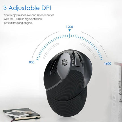 DELUX M618GX Wireless Ergonomic Vertical Mouse for Comfortable Navigation showing 3 adjustable DPI settings (800, 1200, 1600) and textured grip