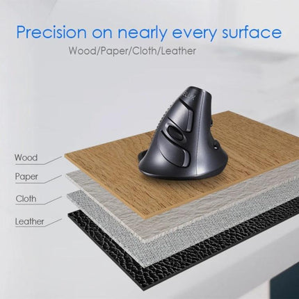 DELUX M618GX Wireless Ergonomic Vertical Mouse for Comfortable Navigation shown on wood paper cloth leather surfaces highlighting precision and reduced wrist strain