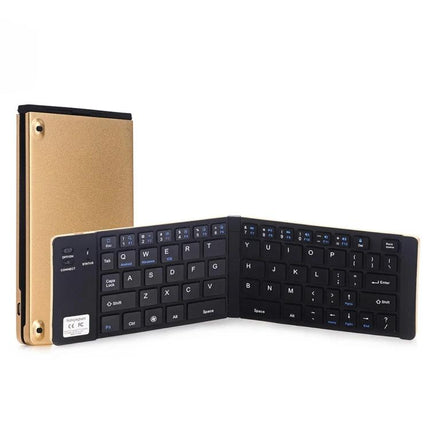 Foldable Bluetooth Keyboard with Built-in Holder for Mobile Devices shown unfolded next to its compact folded gold case