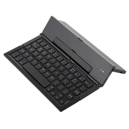 GK608 Ultra-Thin Foldable Bluetooth Keyboard with Built-in Holder shown unfolded with built-in device stand for tablet and smartphone