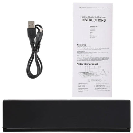 GK608 Ultra-Thin Foldable Bluetooth Keyboard with Built-in Holder folded with USB charging cable and instruction manual
