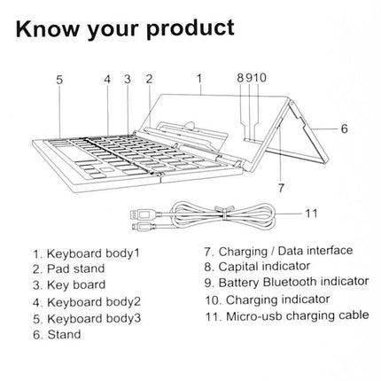 GK608 Ultra-Thin Foldable Bluetooth Keyboard with Built-in Holder diagram showing keyboard body, pad stand, keys, charging/data interface and micro-USB cable