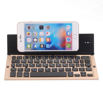 GK608 Ultra-Thin Foldable Bluetooth Keyboard with Built-in Holder showing phone in built-in stand, compact portable wireless typing solution