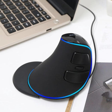 DELUX Ergonomic Wired Vertical Optical Mouse for Everyday Computing - black wired vertical ergonomic mouse beside laptop, blue accent
