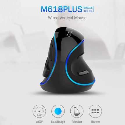 DELUX Ergonomic Wired Vertical Optical Mouse for Everyday Computing - black M618PLUS with blue LED, ergonomic vertical grip, palm rest, 6 buttons