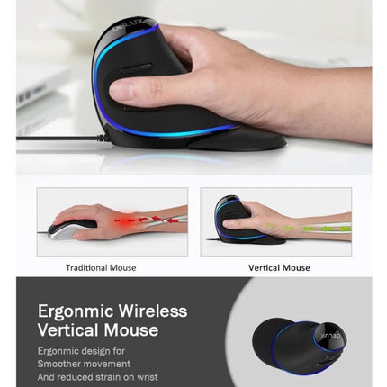 DELUX Ergonomic Wired Vertical Optical Mouse for Everyday Computing in hand showing vertical grip and reduced wrist strain