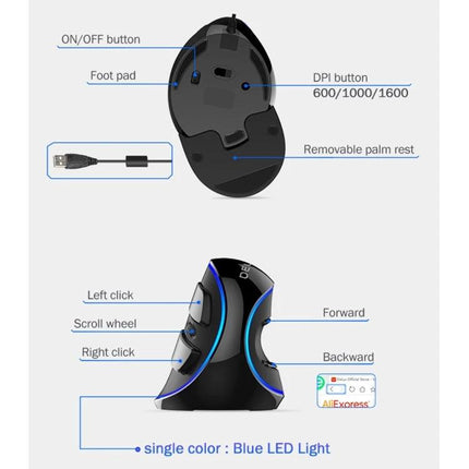 DELUX Ergonomic Wired Vertical Optical Mouse for Everyday Computing showing labeled buttons, DPI, removable palm rest and blue LED light
