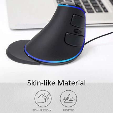 DELUX Ergonomic Wired Vertical Optical Mouse for Everyday Computing - black ergonomic vertical mouse with skin-like material and blue accent by laptop