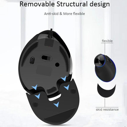 DELUX Ergonomic Wired Vertical Optical Mouse for Everyday Computing showing removable anti-skid base and flexible vertical design
