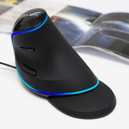 DELUX Ergonomic Wired Vertical Optical Mouse for Everyday Computing black vertical ergonomic mouse with LED accents and thumb buttons