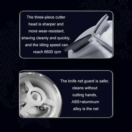 KONKA Mini Portable Razor Waterproof For Outdoor Use showing three-piece cutter head, 6600 rpm idle speed and detachable washable knife net guard