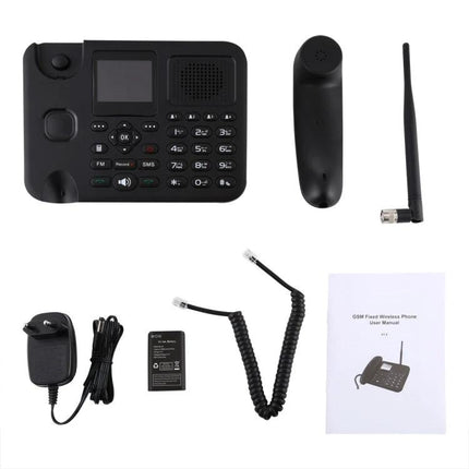 The ZT9000 Phone for Daily Business Communication Needs - black wireless GSM desktop phone with handset, antenna, charger, battery, cord, and manual