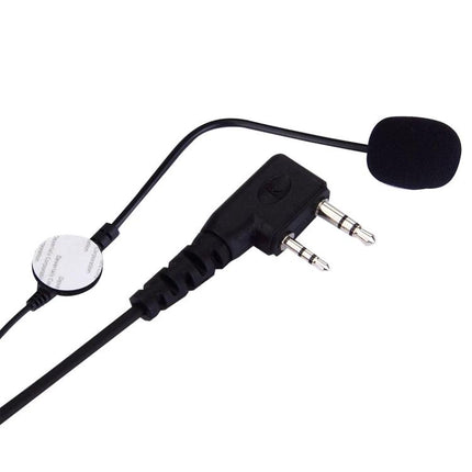 Motorcycle Helmet Headset with PTT for Two-Way Radios showing dual-pin connector, boom mic with foam windscreen and adhesive ear speaker
