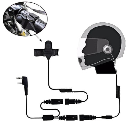 Motorcycle Helmet Headset with PTT for Two-Way Radios showing helmet earpiece, clip-on PTT button and dual-pin radio connector