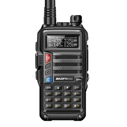 Baofeng BF-UV5R Plus S9 Handheld Walkie Talkie with US Plug showing front view, keypad, display and antenna for outdoor communication