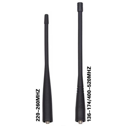 Baofeng BF-UV5R Plus S9 Handheld Walkie Talkie with US Plug shown with two replacement antennas 220-260MHz and 136-174/400-520MHz