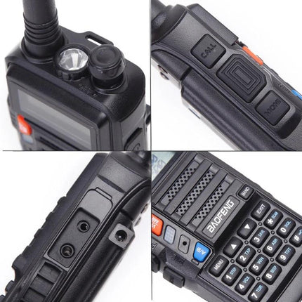 Baofeng BF-UV5R Plus S9 Handheld Walkie Talkie with US Plug close-up collage showing knobs, side buttons, speaker grill and keypad