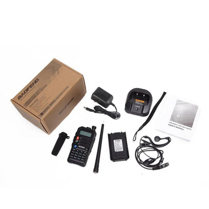 Baofeng BF-UV5R Plus S9 Handheld Walkie Talkie with US Plug and accessories kit including charger, battery, antenna, earpiece, belt clip, and user manual