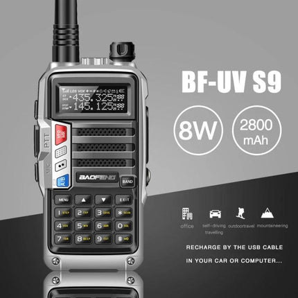 Baofeng BF-UV5R Plus S9 Handheld Walkie Talkie with US Plug showing keypad, display, antenna and 8W 2800mAh features