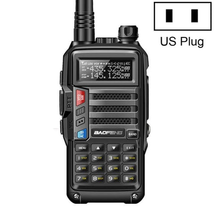 Baofeng BF-UV5R Plus S9 Handheld Walkie Talkie with US Plug front view showing keypad, display, antenna and US plug icon