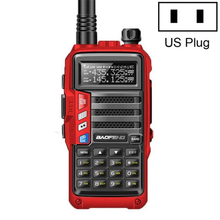 Baofeng BF-UV5R Plus S9 Handheld Walkie Talkie with US Plug red two-way radio showing keypad and display