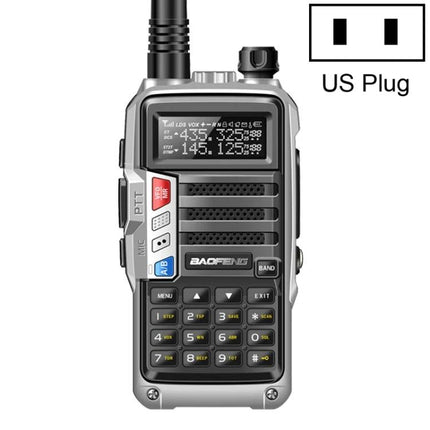 Baofeng BF-UV5R Plus S9 Handheld Walkie Talkie with US Plug front view showing keypad, display and antenna
