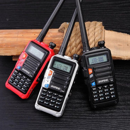 Baofeng BF-UV5R Plus S9 Handheld Walkie Talkie with US Plug showing three radios in red silver and black for outdoor communication