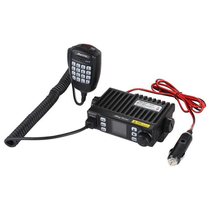 AnyTone Dual-Band Mobile Radio for Vehicle Communication installed in car with handheld mic, power cable and compact control head