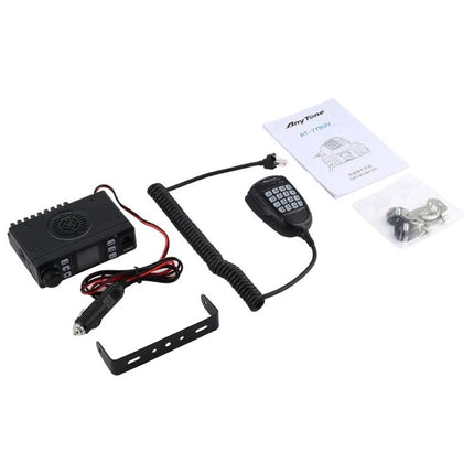AnyTone Dual-Band Mobile Radio for Vehicle Communication - compact VHF UHF mobile transceiver kit with mic, power cable, mounting bracket and manual