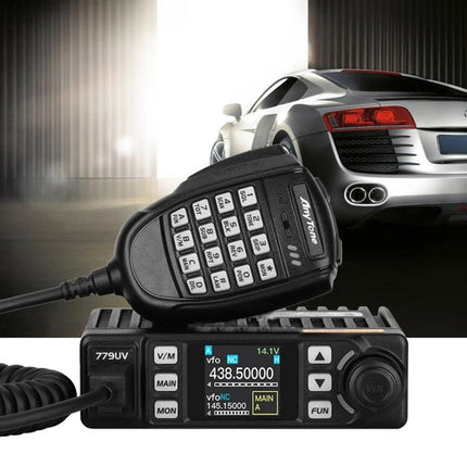 AnyTone Dual-Band Mobile Radio for Vehicle Communication showing mobile radio unit, handheld mic with keypad and car background