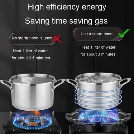 Kacheeg Gas Stove Windscreen Cover For Safe Non-Slip Cooking on gas stove showing faster boiling with storm hood and stable pot