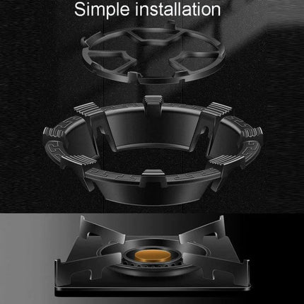 Kacheeg Gas Stove Windscreen Cover For Safe Non-Slip Cooking shown installed on gas burner, thick cast iron non-slip stove windscreen for stable pots