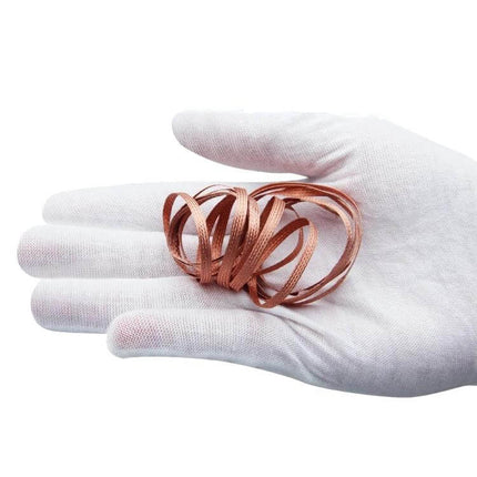 Kaisi Tin Suction Tape Cleaning Belt For Soldering Iron held on gloved hand showing copper cleaning ribbon for soldering tip maintenance