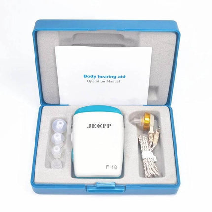 KAIXINWEI In-Ear Hearing Aid Amplifier for Seniors shown in blue case with earpiece, multiple ear tips, and user manual