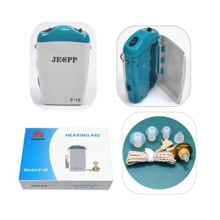 KAIXINWEI In-Ear Hearing Aid Amplifier for Seniors showing compact teal-and-white unit, open case, accessories and eartips