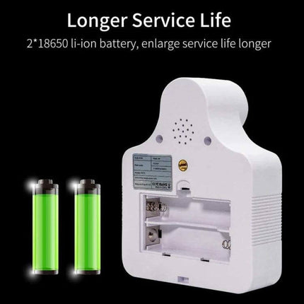KF150 Non-Contact Infrared Thermometer For Home Use showing back battery compartment and two 18650 batteries, longer service life