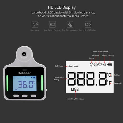 KF150 Non-Contact Infrared Thermometer For Home Use wall-mounted unit with HD LCD display showing 36.0°C and status icons