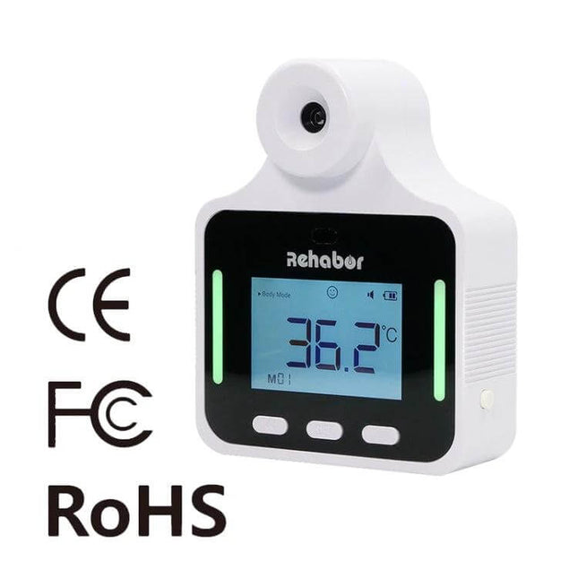KF150 Non-Contact Infrared Thermometer For Home Use showing white wall-mounted forehead thermometer with digital 36.2°C display and certification logos