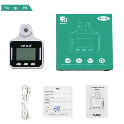 KF150 Non-Contact Infrared Thermometer For Home Use white device, display, box, cable and manuals - non-contact forehead thermometer