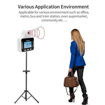 KF150 Non-Contact Infrared Thermometer For Home Use on tripod measuring forehead temperature in public entrance setting, quick touch-free screening