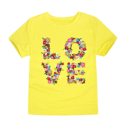 Kids Cartoon Cotton Round Neck T Shirt For Everyday Play - Yellow kids tee with floral LOVE graphic, 100% knitted cotton, short sleeves, moisture-wicking for active play