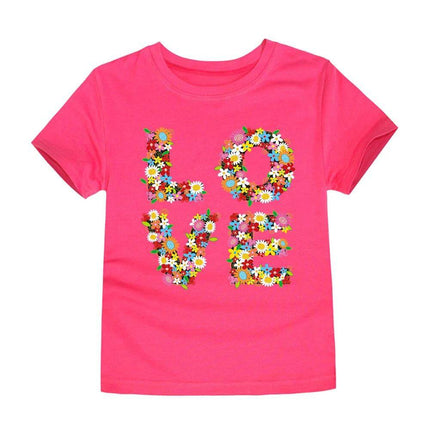 Kids Cartoon Cotton Round Neck T Shirt For Everyday Play - Pink girls tee with floral LOVE graphic, 100% knitted cotton, short sleeves, moisture-wicking