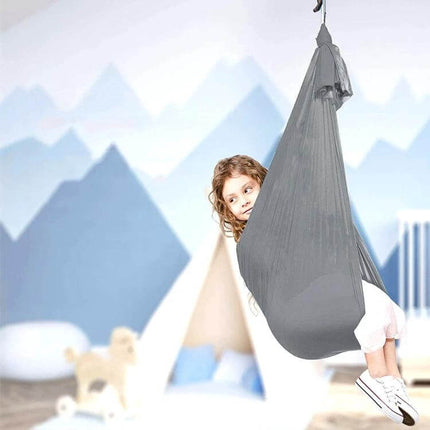Kids Elastic Hammock Swing 100x280 cm gray indoor swing with child in cozy sensory pod for playroom
