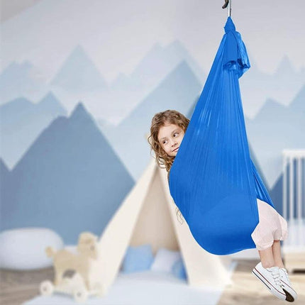 Kids Elastic Hammock Swing 100x280 cm in blue stretch satin with metal hardware for indoor playroom lounging and supervised swinging