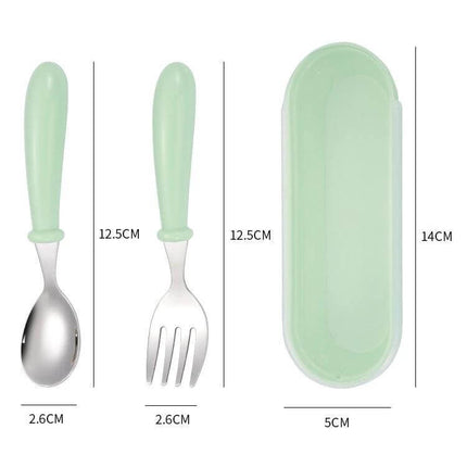 Kids Stainless Steel Spoon and Fork Set 3 Pieces For Kids Meals - 3-piece green handled stainless steel spoon, fork with PP storage box, child-friendly sizes